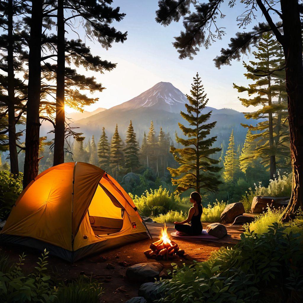 A serene campsite nestled in lush greenery, with a cozy tent, glowing campfire, and a silhouette of a person practicing yoga surrounded by nature. Soft golden sunlight filtering through trees, depicting a sense of peace and healing. Include elements like wildflowers and a distant mountain view to enhance the natural vibe. super-realistic. vibrant colors. peaceful atmosphere.