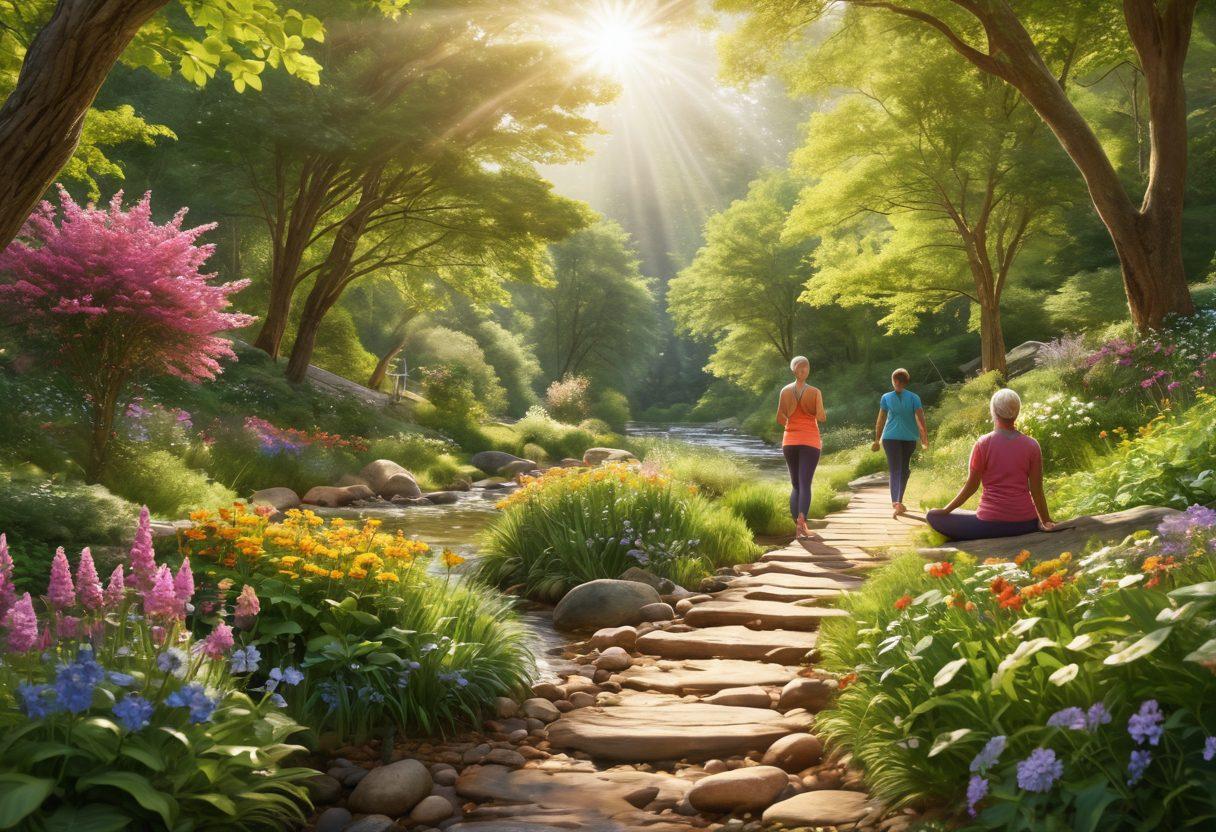 A serene outdoor setting with a diverse group of cancer survivors engaging in various activities like hiking, yoga, and gardening. Bright sunlight filtering through lush green trees, symbolizing hope and healing. Include a gentle stream flowing nearby, with flowers blooming in vibrant colors all around, creating a sense of tranquility and rejuvenation. super-realistic. vibrant colors. sunny atmosphere.