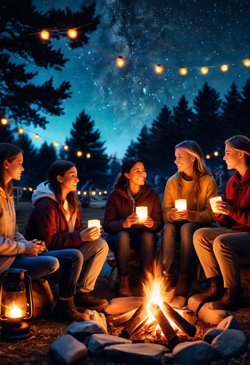 A cozy campfire surrounded by diverse individuals sharing stories, with soft flames casting a warm glow on their faces. The background depicts a starry night sky, symbolizing hope and community. In the foreground, glowing lanterns hold messages of support, and the atmosphere is filled with inspiring energy. super-realistic. vibrant colors. warm tones.